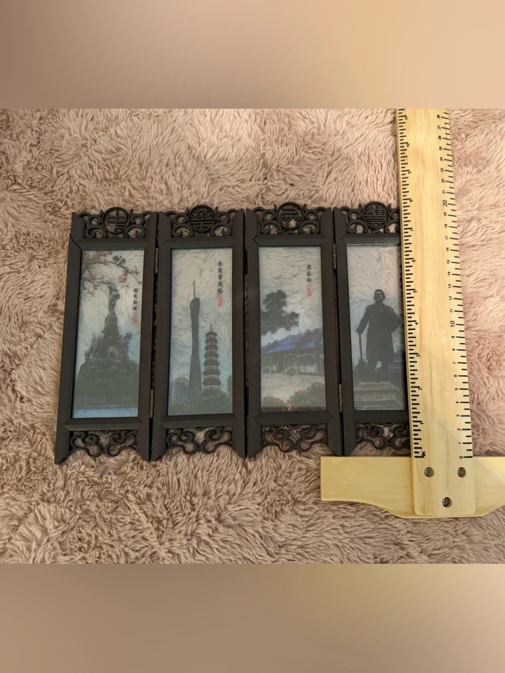 Vintage Chinese 4-Panel Miniature Table Screen - Guangzhou Landmarks (As-Is)